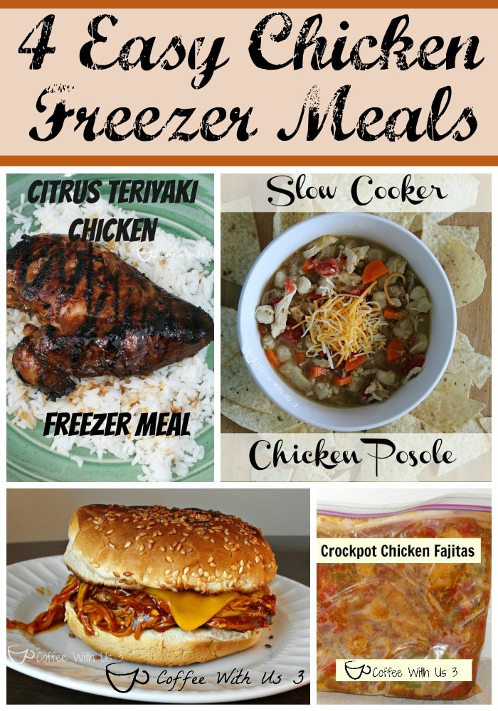 Save Time & Money with these 4 Easy Chicken Freezer Meals: Chicken Fajitas, Chicken Posole, BBQ Chicken Sandwiches, and Citrus Teriyaki Chicken