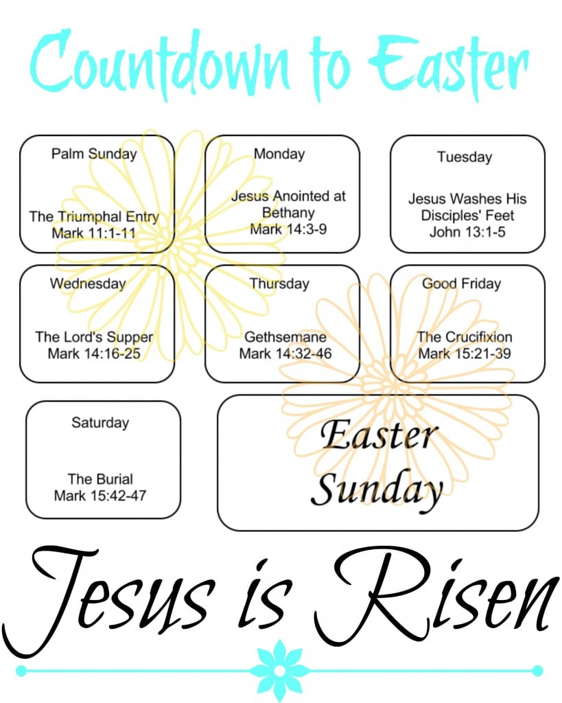 Free Printable Countdown to Easter | Are you looking for a simple countdown to get ready for Easter. This one starts on Palm Sunday and has daily Bible verses to read as your family prepares their hearts for Easter. Click the pin to print your free copy! Available in color & black and white. 