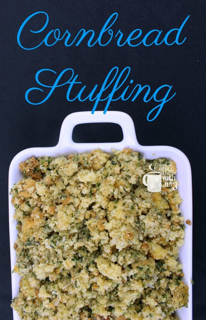 Cornbread stuffing in a baking dish. It is used to stuff the pork chops.