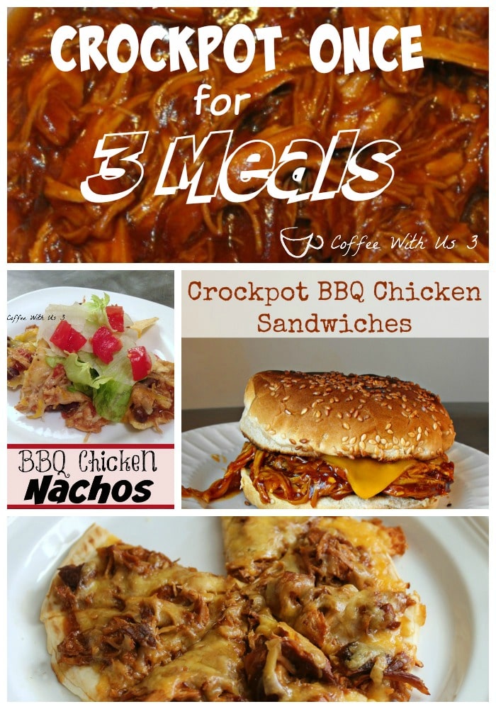 Slow Cooker BBQ Chicken | Crockpot this chicken once! And have three delicious meals: BBQ Chicken Nachos, BBQ Pulled Chicken Pita Pizzas and BBQ Chicken Sandwiches. Your family will love all 3 meals & it's a huge time saver!! Click the pin for all the recipes! 