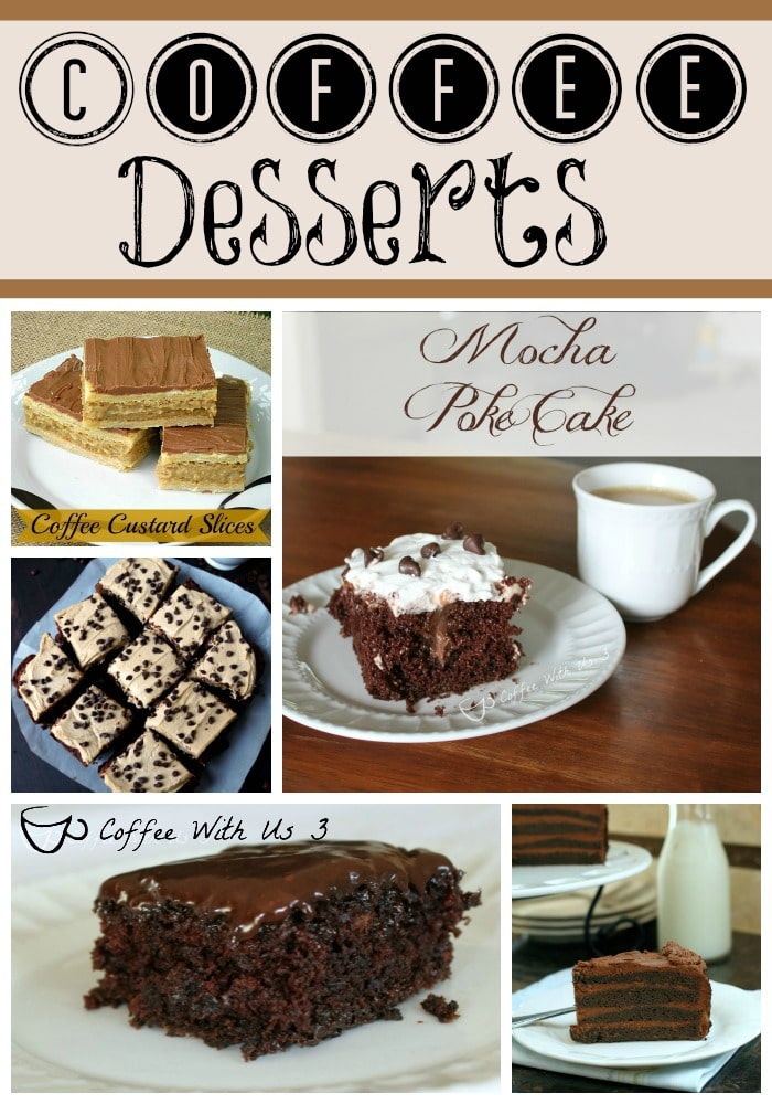 Awesome dessert recipes with coffee including Mocha Poke Cake, Chocolate Coffee Depression Cake, Coffee Cream Brownies, Coffee Custard Slices, and a whole bunch more! 
