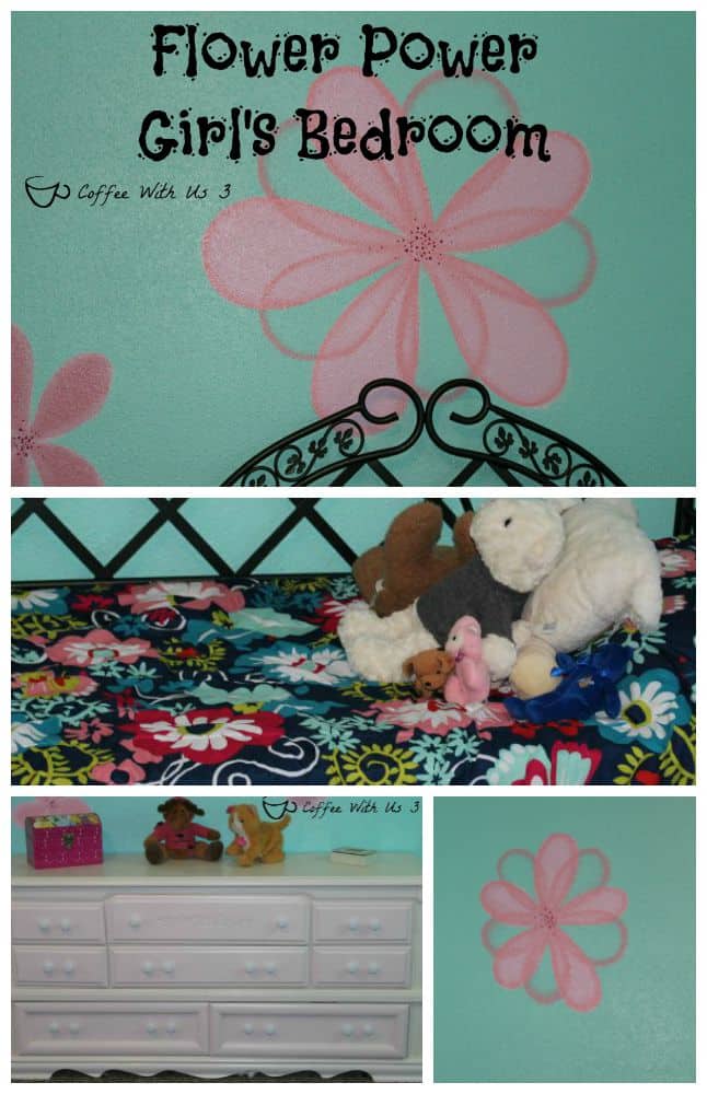 A bright wall turquoise wall color with pink flowers painted on, & some cute accessories make for a fun flower power girl's bedroom!