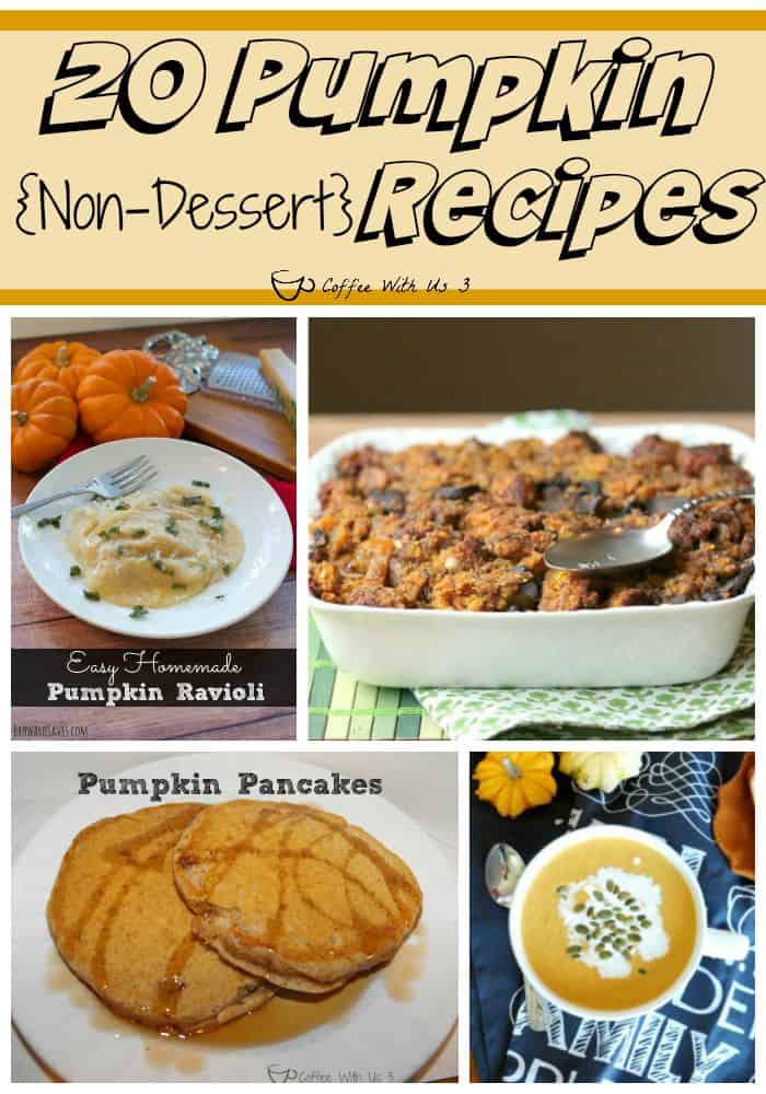 If you love pumpkin, you need to check out these 20 great pumpkin recipes!  From breakfast to dinner these are delicious non-dessert pumpkin recipes. 