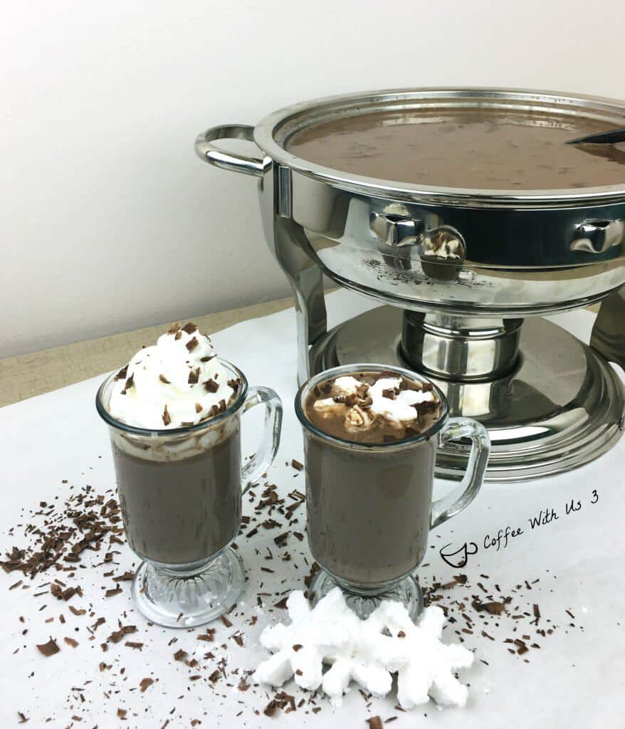 Dark Chocolate Hot Cocoa in mugs and tureen with snowflake marshmallows