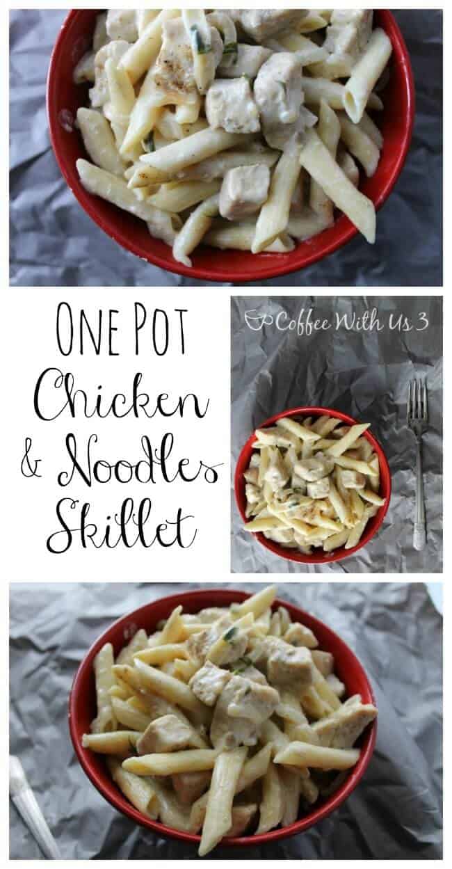 One Pot Chicken and Noodles Skillet is a quick and easy dinner recipe that is ready in less than 30 minutes, and only requires washing one skillet!