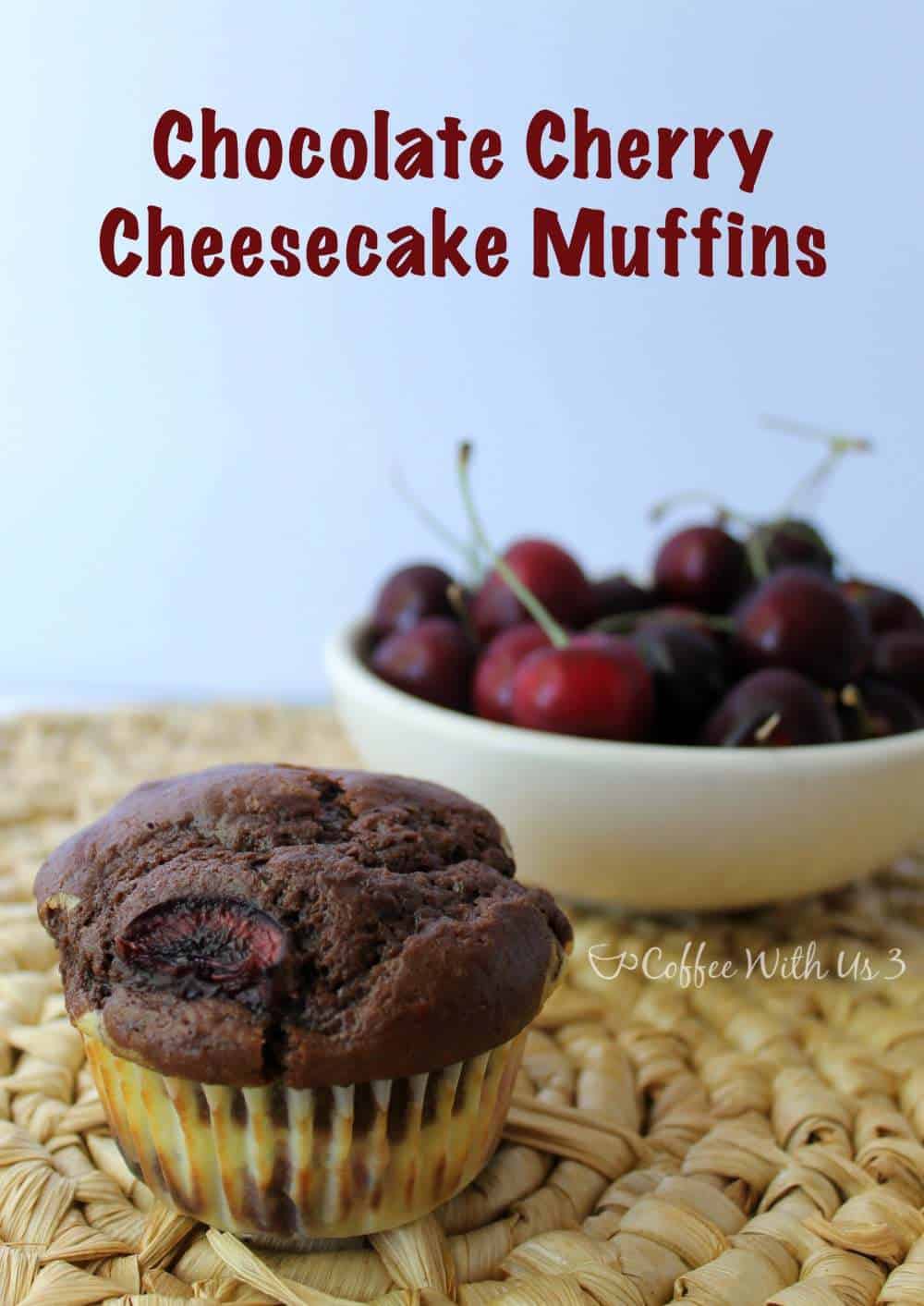Chocolate Cherry Cheesecake Muffins: Chocolate muffins with chunks of fresh cherries throughout, stuffed with a creamy cheesecake layer. This homemade muffin recipe is perfect for busy breakfasts and snacks!