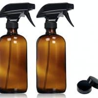 Empty Amber Glass Spray Bottles with Labels (2 Pack) - 16oz Refillable Container for Essential Oils, Cleaning Products, or Aromatherapy - Durable Black Trigger Sprayer w/Mist and Stream Settings