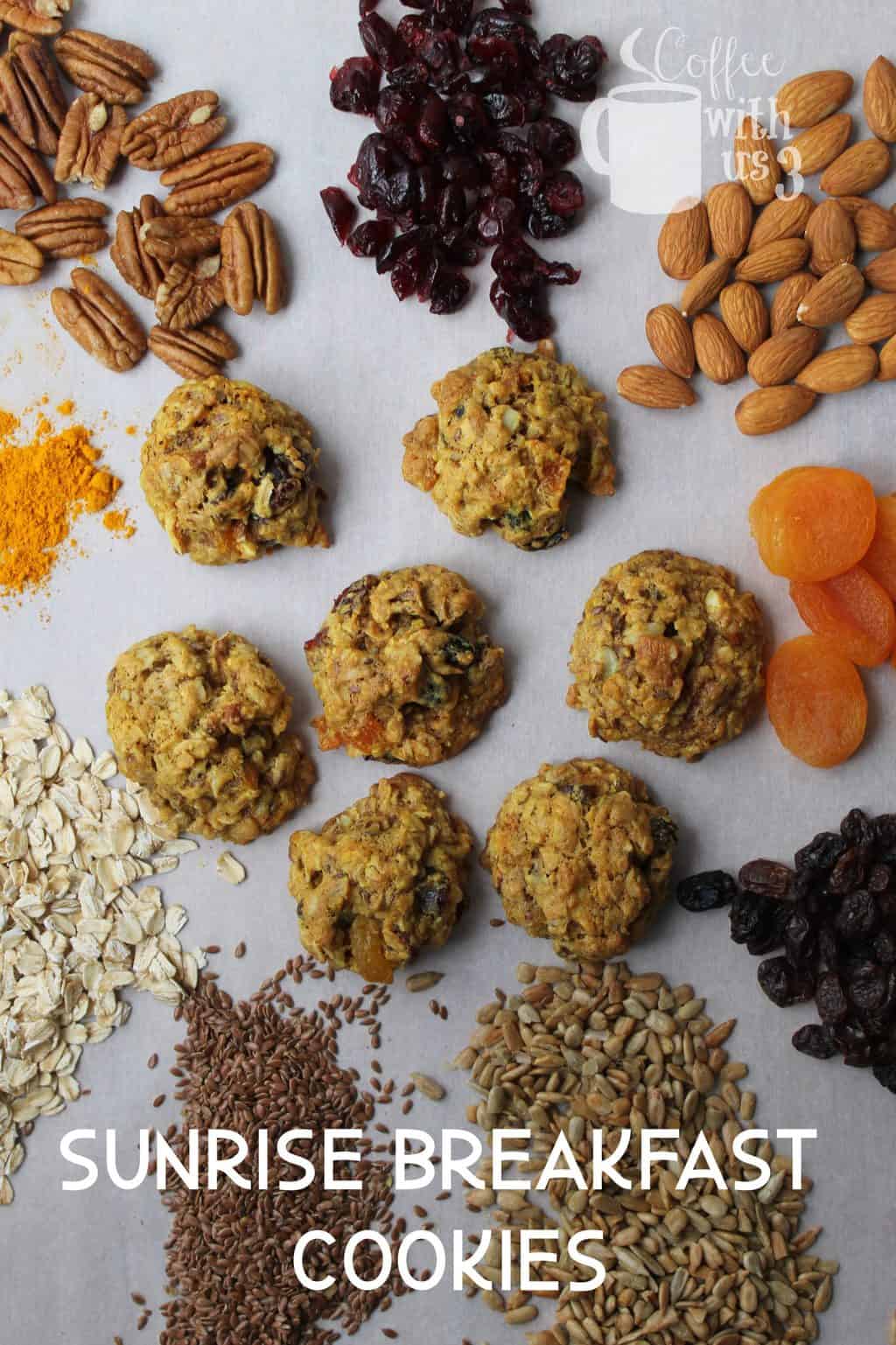Who doesn't want to eat cookies for breakfast?  With these Sunrise Breakfast Cookies, you can!  Packed with oats, nuts, seeds, dried fruit, and more, they're very filling!