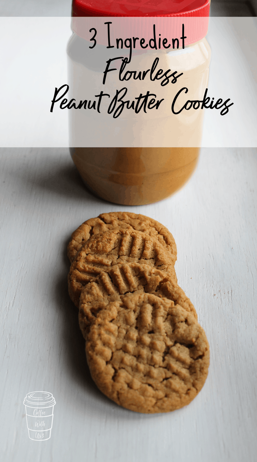 A stack of Flourless Peanut Butter Cookies in front of a jar of peanut butter