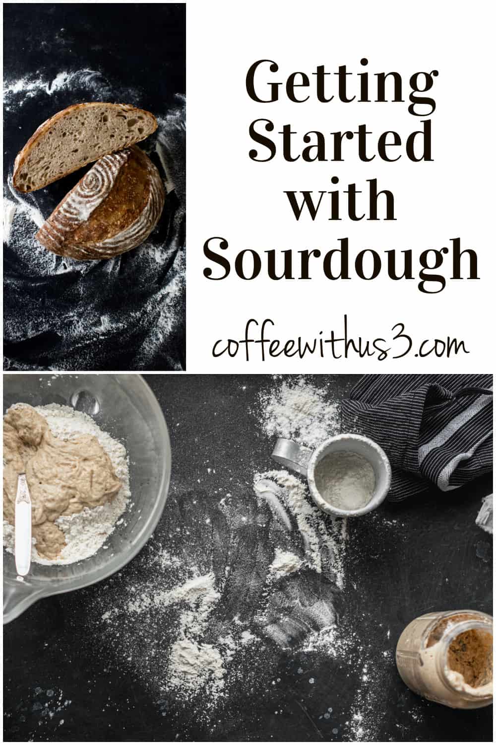 Collage of sourdough starter and sourdough loaf of bread
