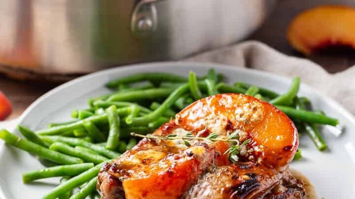 Image for Skillet Balsamic Pork Chops with Peaches and Gorgonzola