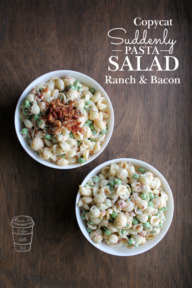 Two white bowls filled with Copycat Suddenly Pasta Salad Bacon & Ranch, on a brown wooden backdrop 
