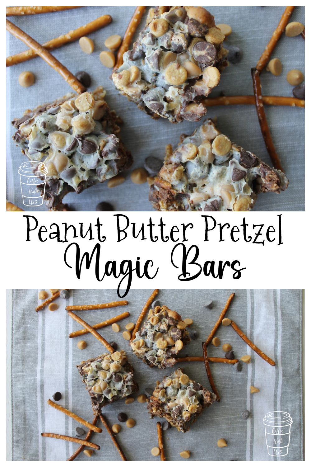 Three square Peanut Butter Pretzel Magic Bars over a grey linen background with pretzels and chocolate chips scattered about